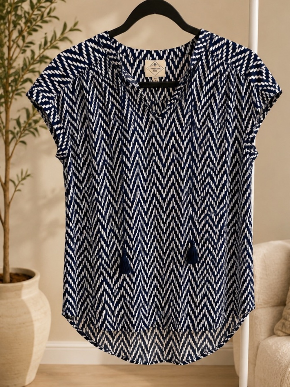 St. John's Bay Navy and White Chevron V-Neck Tie-Front Blouse